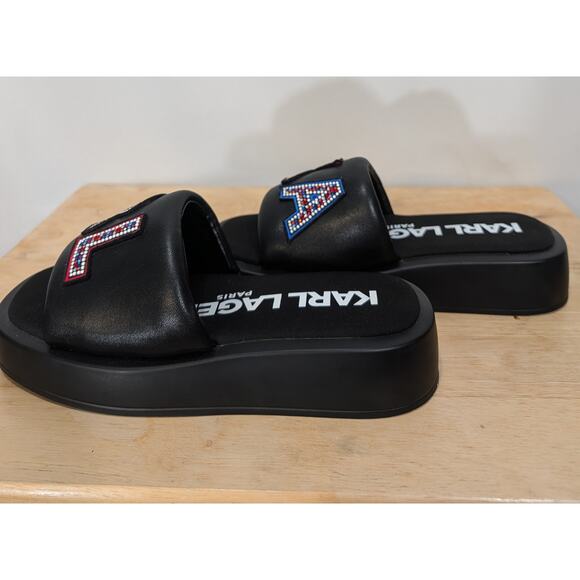 Karl Lagerfeld Rhinestone Logo Black Platform Slides Sandals Women Size 6 - Picture 4 of 8